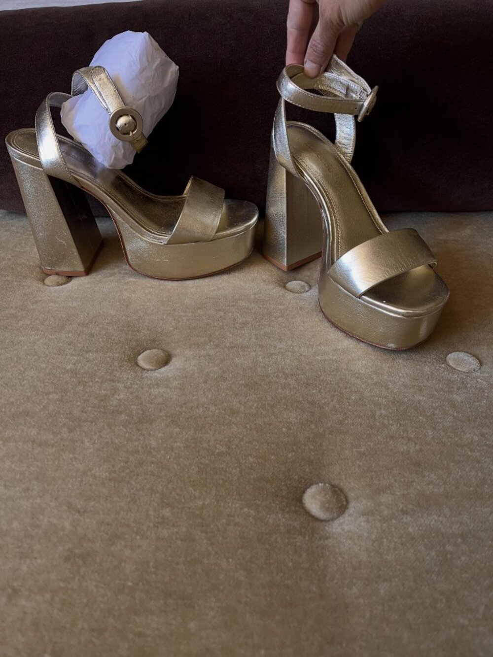 Never worn- Larroudé Metallic Gold Dolly Platform Sandals size 5 US